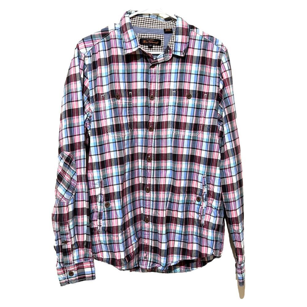 Ben Sherman Mens Button Front Long Sleeve Cotton Pink Blue Plaid Shirt Large‎ L